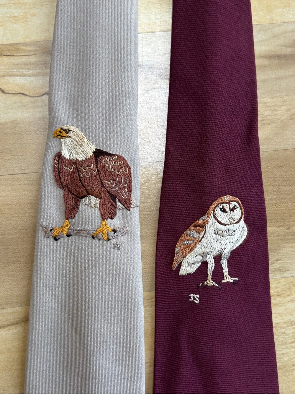 Vintage Bald Eagle & Barn Owl Neckties - hand embroidered OOAK - Picture 1 of 7